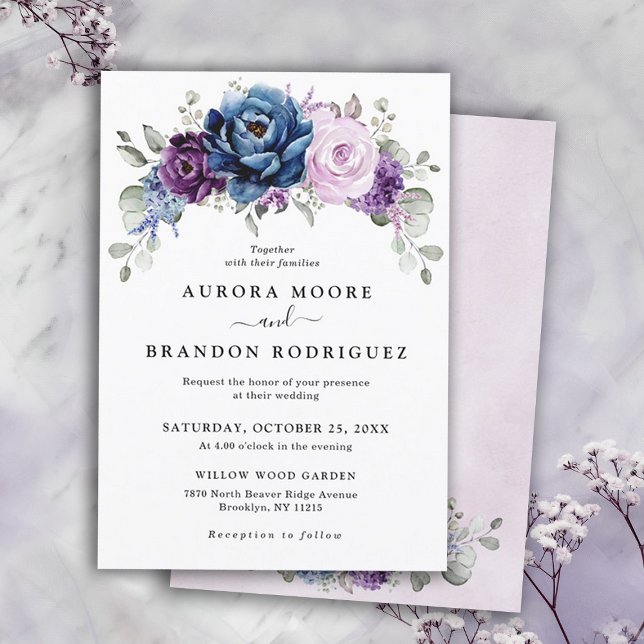 Dusty Blue Lila Navy Lilac Blooms Bröllop Inbjudningar (Dusty Blue Purple Navy Lilac Blooms Wedding invitation)