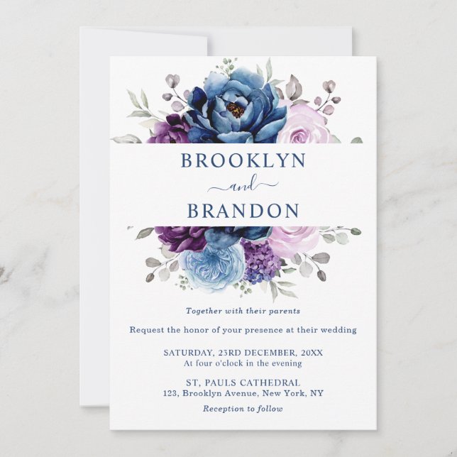 Dusty Blue Lila Navy Lilac Blooms Bröllop Invita Inbjudningar (Framsida)