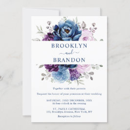 Dusty Blue Lila Navy Lilac Blooms Bröllop Invita Inbjudningar