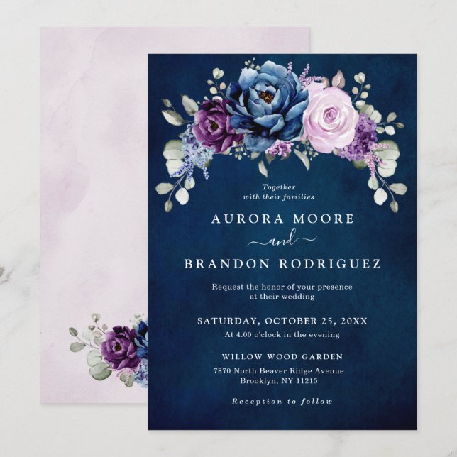 Dusty Blue Lila Navy Lilac Blooms Bröllop Invita Inbjudningar (Fram/baksida)