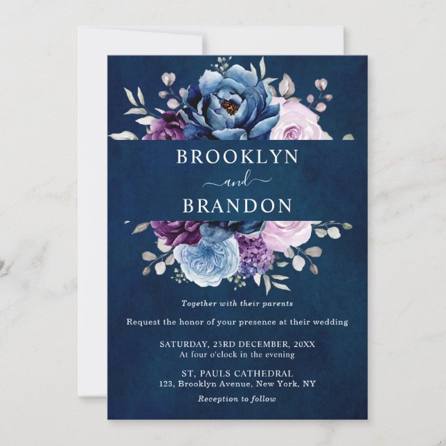 Dusty Blue Lila Navy Lilac Blooms Bröllop Invita Inbjudningar (Framsida)