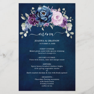 Dusty Blue Lila Navy Lilac Blooms Bröllop Menu