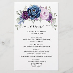 Dusty Blue Lila Navy Lilac Blooms Bröllop Menu