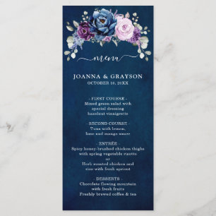 Dusty Blue Lila Navy Lilac Blooms Bröllop Menu Meny