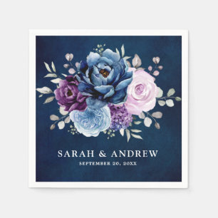 Dusty Blue Lila Navy Lilac Blooms Bröllop Napkin Pappersservett