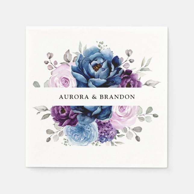 Dusty Blue Lila Navy Lilac Blooms Bröllop Pappersservett (Framsidan)
