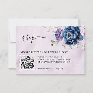 Dusty Blue Lila Navy Lilac Blooms Bröllop QR OSA Kort