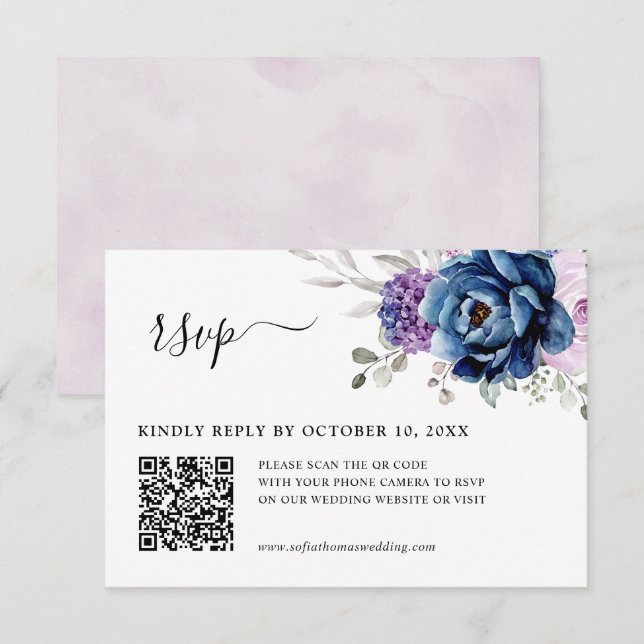 Dusty Blue Lila Navy Lilac Blooms Bröllop QR OSA Kort (Fram/baksida)