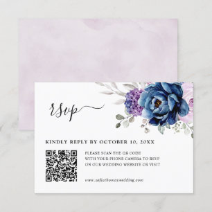 Dusty Blue Lila Navy Lilac Blooms Bröllop QR OSA Kort