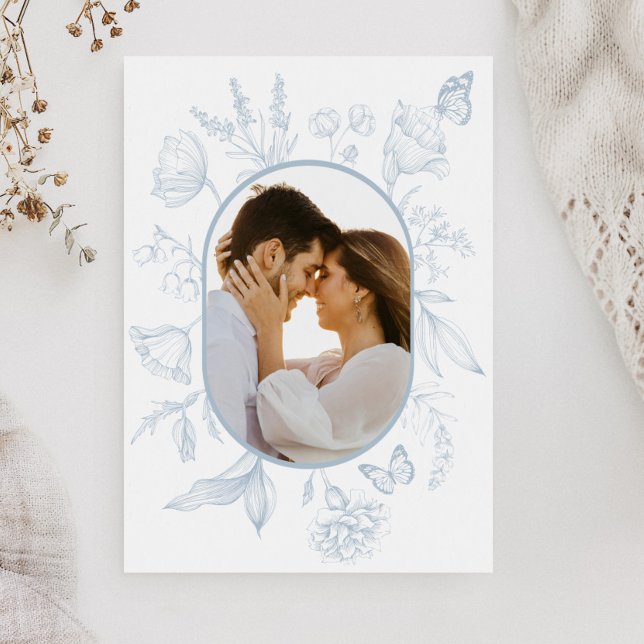 Dusty Blue Line Art Blommigt Butterfly Photo Tack Kort (Skapare uppladdad)