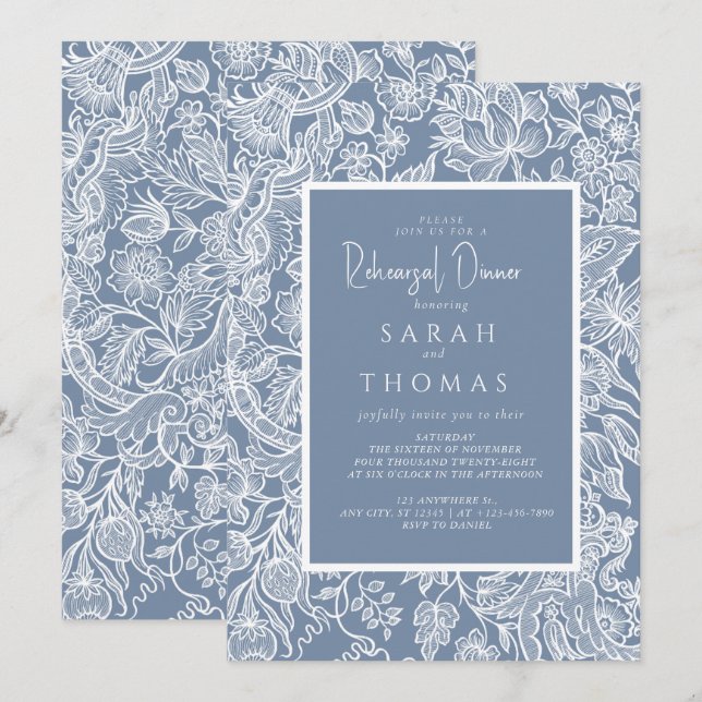 Dusty Blue Line Art Wildblommor Inbjudningar (Fram/baksida)