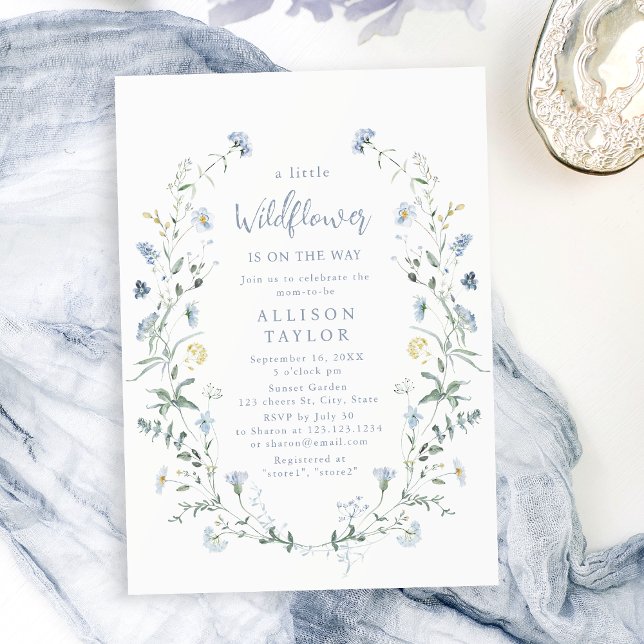 Dusty Blue Little WildblomBoho Baby Shower Inbjudningar (Dusty Blue Little Wildflower Boho Baby Shower Invitation)