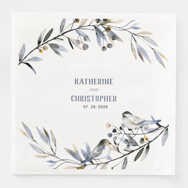 Dusty Blue Löv Gren Berries & Birds Bröllop Pappersservett (Framsida)