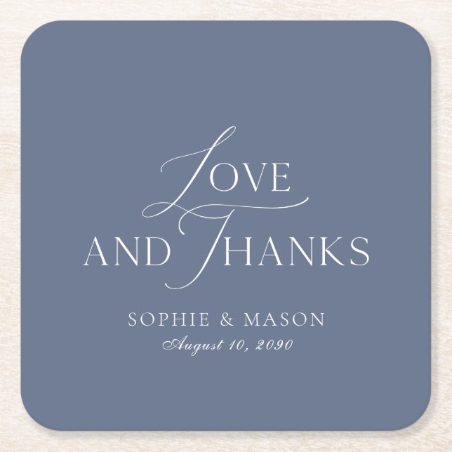 Dusty Blue Love and Thanks Wedding Favor Underlägg Papper Kvadrat (Framsidan)