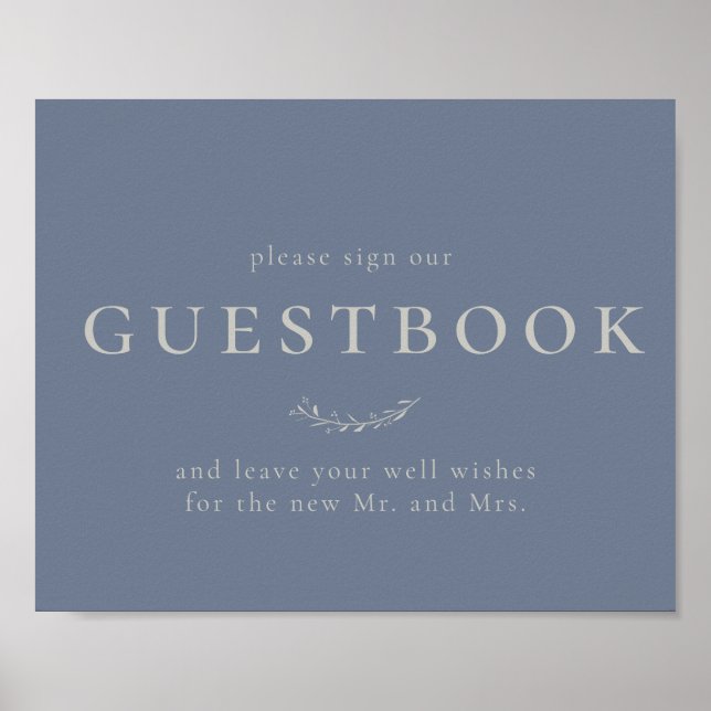 Dusty Blue Lövs and Berries Guestbook Sign Poster (Framsidan)
