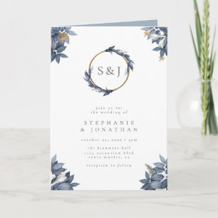 Dusty Blue Lövs & Guld Glitter Monogram Bröllop Inbjudan