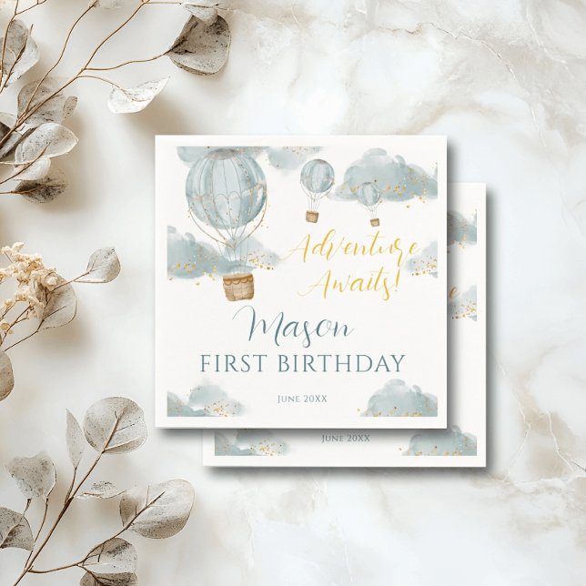 Dusty Blue Luftballong Theme Birthday Boy Pappersservett (Skapare uppladdad)