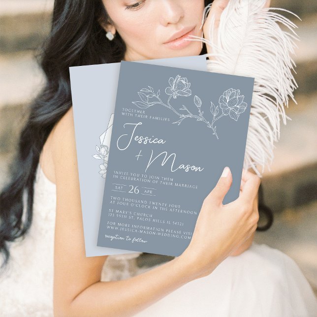 Dusty blue magnolia minimalistisk bröllopsinbjudan inbjudningar (Skapare uppladdad)