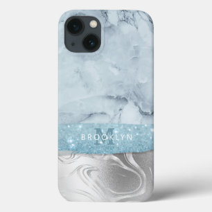 Dusty Blue Marble Glitter Silver Namn Monogrammed
