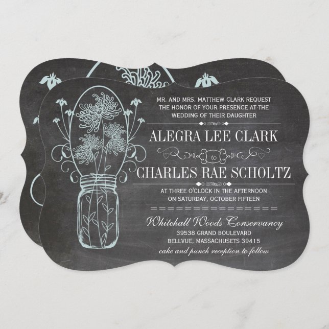 Dusty Blue Mason Burk Chalkboard Bröllop Inbjudningar (Fram/baksida)