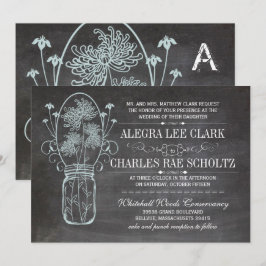 Dusty Blue Mason Burk Chalkboard Bröllop Inbjudningar