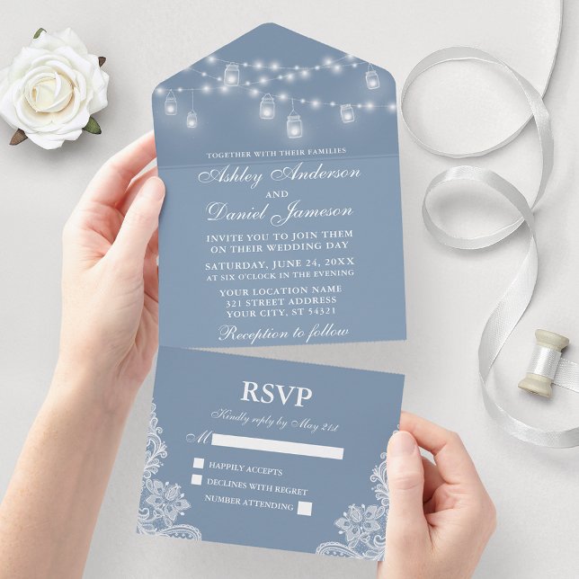 Dusty Blue Mason Burk String Ljus Snöre Bröllop (All In One Wedding Invitation with tear off RSVP Card)