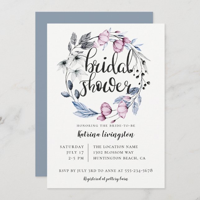 Dusty Blue Mauve Blommigt Möhippa för andning Inbjudningar (Fram/baksida)