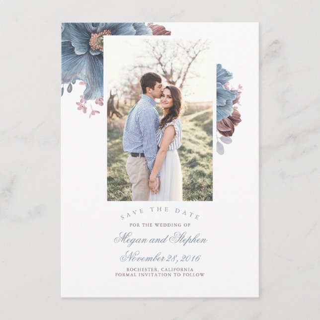 Dusty Blue & Mauve Blommigt Photo Save Date Card Tilläggskort (Framsida)