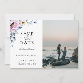 Dusty Blue Mauve Blommigt Photo Save Date Meddelande