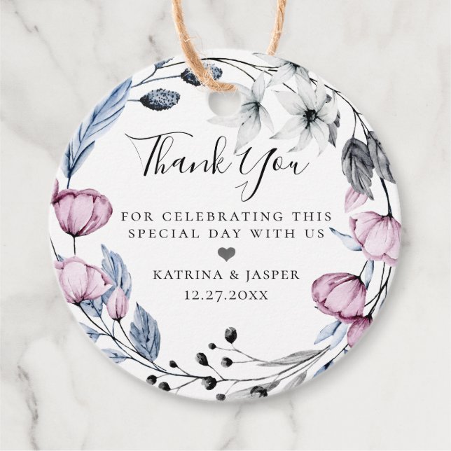 Dusty Blue Mauve Blommigt Utandning Bröllop Gåvor Etiketter (Framsida)
