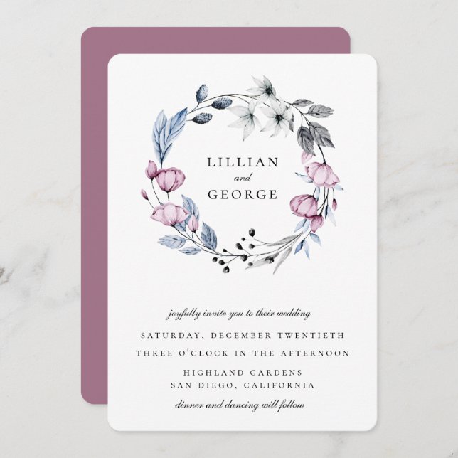 Dusty Blue Mauve Blommigt Wandan Bröllop Inbjudningar (Fram/baksida)