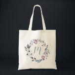 Dusty Blue Mauve Blommigt Wandan Monogram Tygkasse<br><div class="desc">Elegant dammblått,  grått och vattenfärgad blommigt andedräkt,  personlig monogram totepåse.</div>