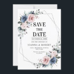 Dusty Blue Mauve Eucalyptus Geometric Bröllop Spar Spara Datumet<br><div class="desc">Eleganten och den moderna blommigtens inbjudan till midsommarbröllop innehåller en bukett av rosor-peonier med vattenfärg i skiffer, dammig blått, dammig ro, dammig rosa, mauve, sage med lush grönt botaniska löv och eukalyptus med geometrisk bakgrund. Hitta fler matchande utformningar och variationer från min "blissweddingpaperie"-butik. Och kontakta mig gärna för ytterligare anpassning...</div>