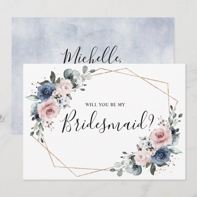 Dusty Blue Mauve Geometric Bridesmaid Frieri Inbjudningar (Fram/baksida)