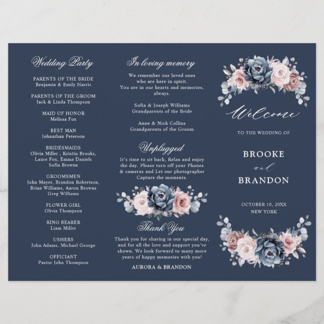 Dusty Blue Mauve Ro Bröllop Tri-Fold-programmet (Framsida)