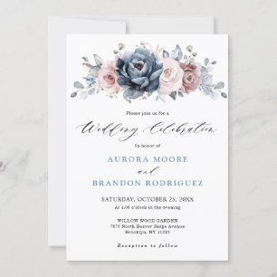 Dusty Blue Mauve Ro Rosa Slate Blommigt Bröllop Inbjudningar