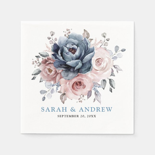 Dusty Blue Mauve Ro Rosa Slate Blommigt Bröllop Pappersservett (Framsidan)