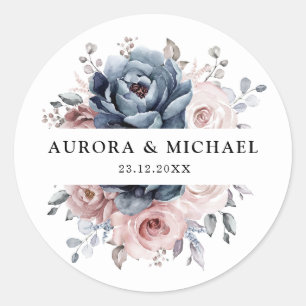 Dusty Blue Mauve Ro Rosa Slate Blommigt Bröllop Runt Klistermärke