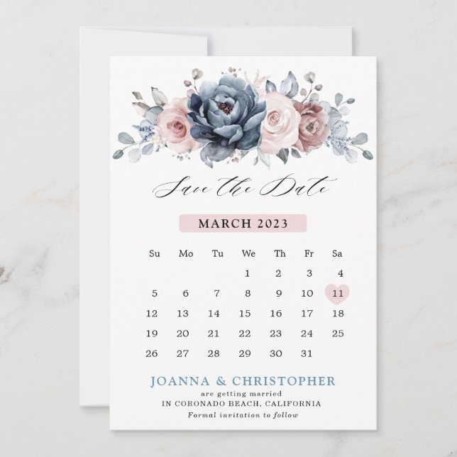 Dusty Blue Mauve Ro Rosa Slate Blommigt Bröllop S Spara Datumet (Framsida)