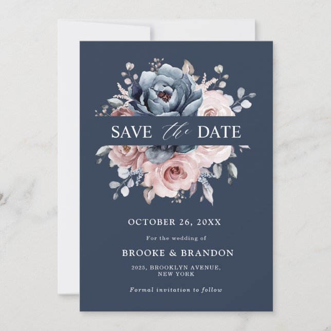 Dusty Blue Mauve Ro Rosa Slate Blommigt Bröllop S Spara Datumet (Framsida)
