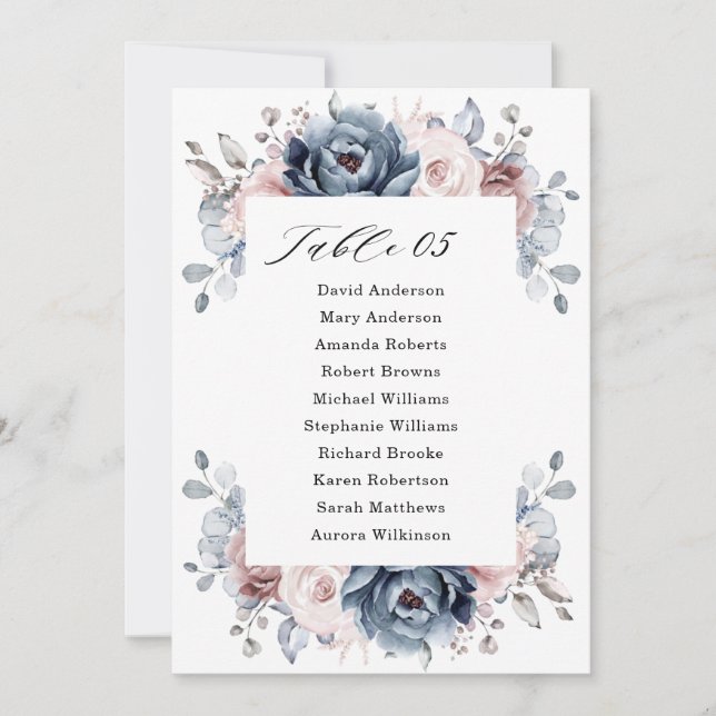 Dusty Blue Mauve Ro Rosa Slate Seating Chart Inbjudningar (Framsida)