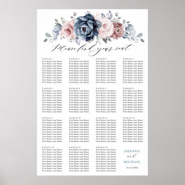Dusty Blue Mauve Ro Rosa Slate Seating Chart Poster (Framsidan)