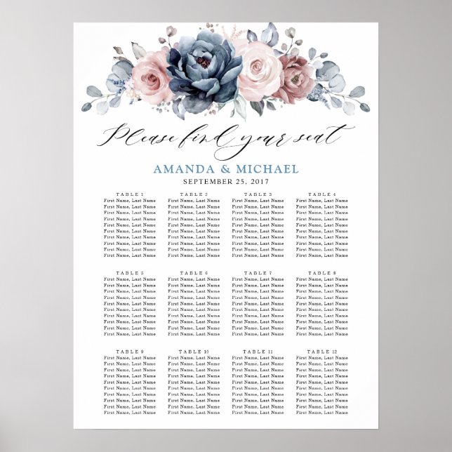 Dusty Blue Mauve Ro Rosa Slate Seating Chart Poster (Framsidan)