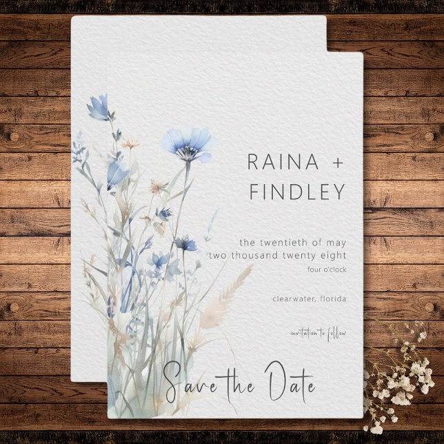 Dusty Blue Meadow Wildblommor Modern Bröllop Spara Datumet (Dusty Blue Meadow Wildflowers Modern Wedding Save The Date)