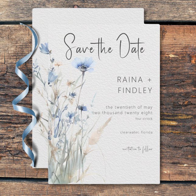 Dusty Blue Meadow Wildblommor Modern Bröllop Spara Datumet (Dusty Blue Meadow Wildflowers Modern Wedding Save The Date)