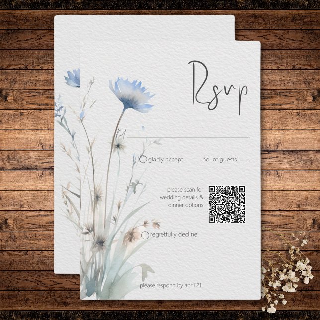 Dusty Blue Meadow Wildblommor Modern QR-kod OSA Kort (Dusty Blue Meadow Wildflowers Modern QR Code RSVP Card)