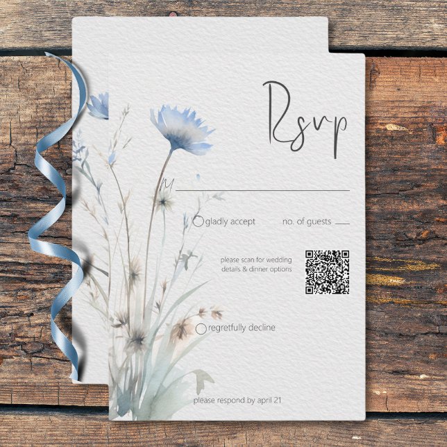 Dusty Blue Meadow Wildblommor Modern QR-kod OSA Kort (Dusty Blue Meadow Wildflowers Modern QR Code RSVP Card)