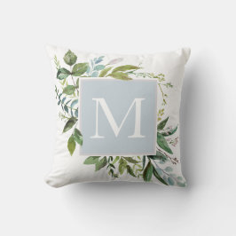 Dusty Blue med Greenery Monogram Kudde