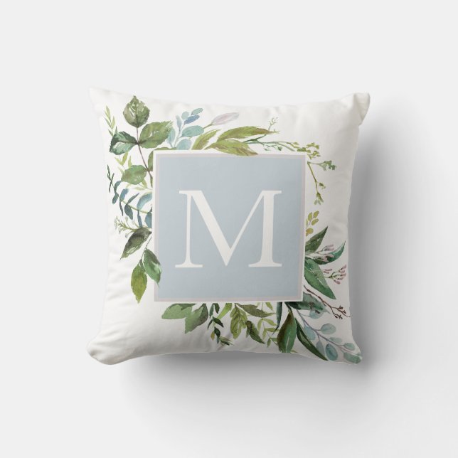 Dusty Blue med Greenery Monogram Kudde (Framsida)
