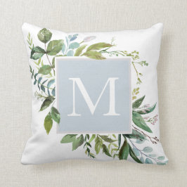 Dusty Blue med Greenery Monogram Kudde
